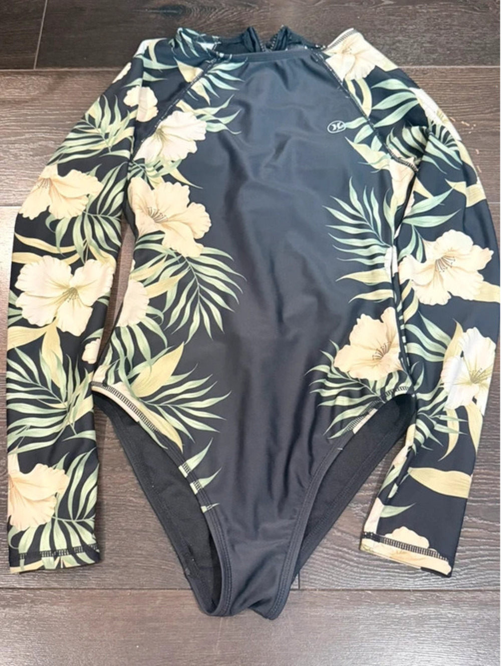 Hurley XS Long Sleeve Floral One Piece Swimsuit Rash Guard Black Tropical H21
